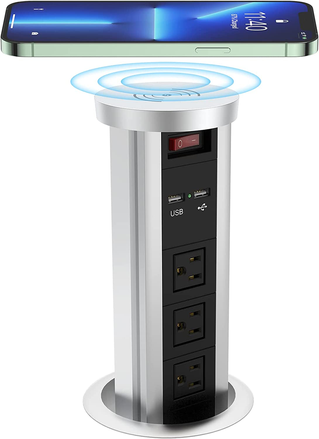 Automatic Pop up Power Outlet, Popup Wireless Charging Station with 3AC Plugs + 2 USB, Pop up Electrical Outlets for Countertops, Recessed Hidden Outlet for Kitchen Island Conference (Silver Black)