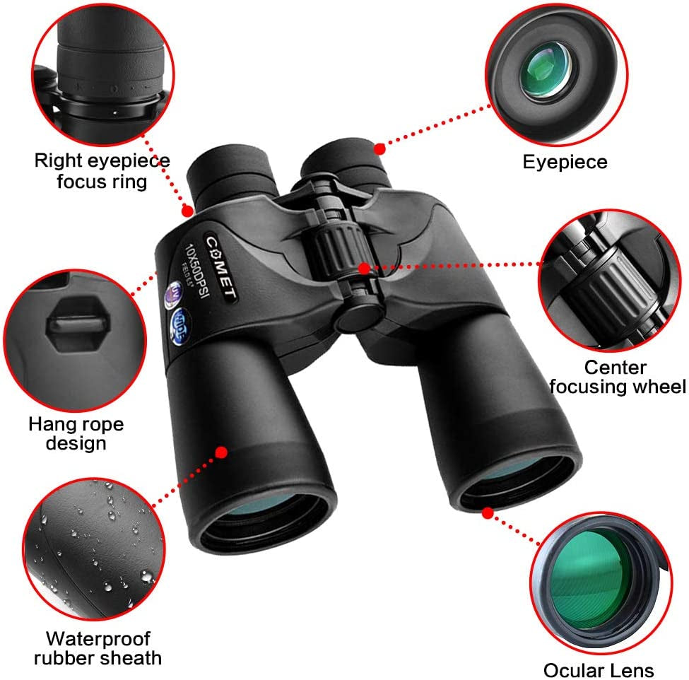 Binoculars for Adults High Powered, 10X50 HD Binoculars for Bird Watching Hunting, Sports Games and Concerts, Waterproof Binocular Large View with BAK4 Prism and FMC Lens, Neck Strap Carrying Bag