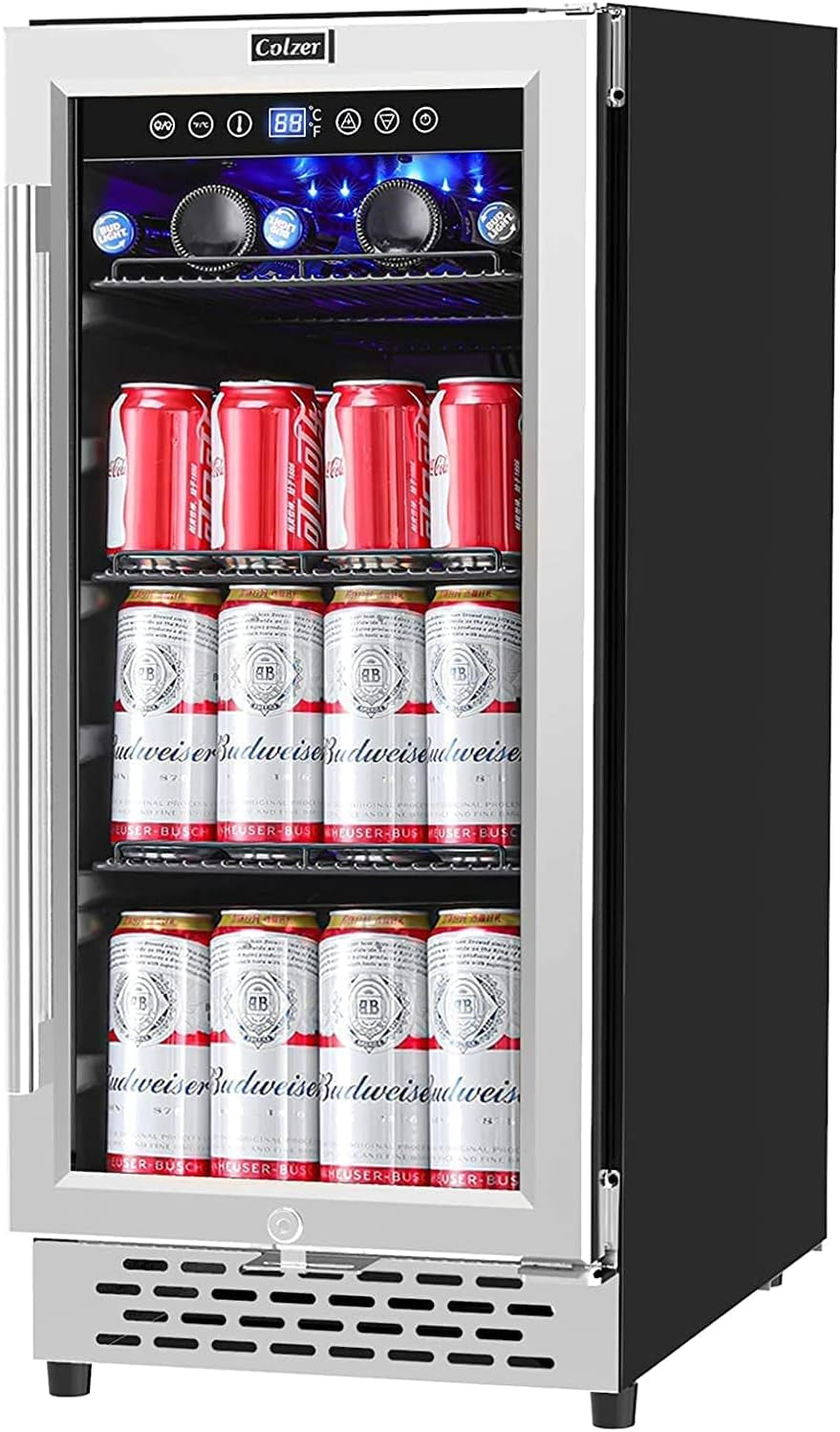 15 Inch Beverage Refrigerator with Glass Door 126 Cans Mini Beverage Cooler under Counter Freestanding Built in Centre Garage Fridge with Lock for Drink Beer Soda Wine Water