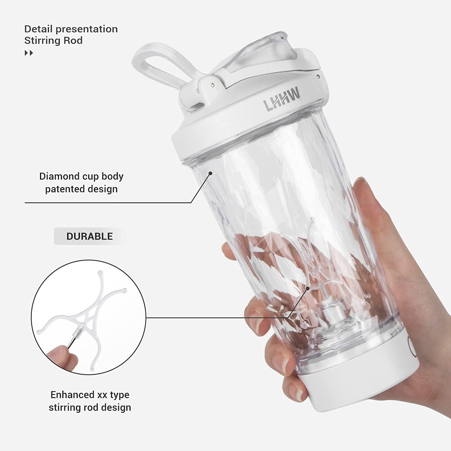 Electric Protein Shaker Bottle, 24Oz Rechargeable BPA Free Blender Cup for Protein Mixes, Portable Shaker Bottles for Gym Home Office (White)