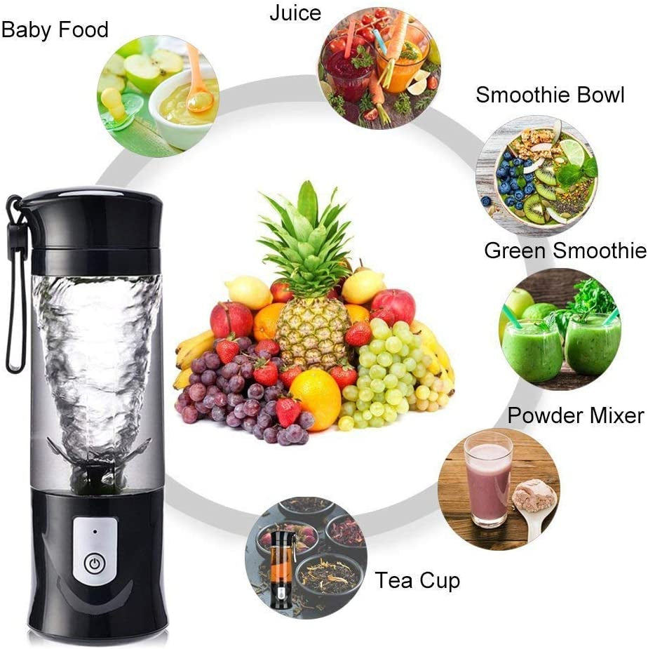 Portable Blender, Type-C Rechargeable Travel Juicer Cup Electric Mini Personal Size Blenders for Smoothies and Shakes Fruit Juice Mixer with 6 Updated Blades for Travel Sports Kitchen13.5Oz(Black)