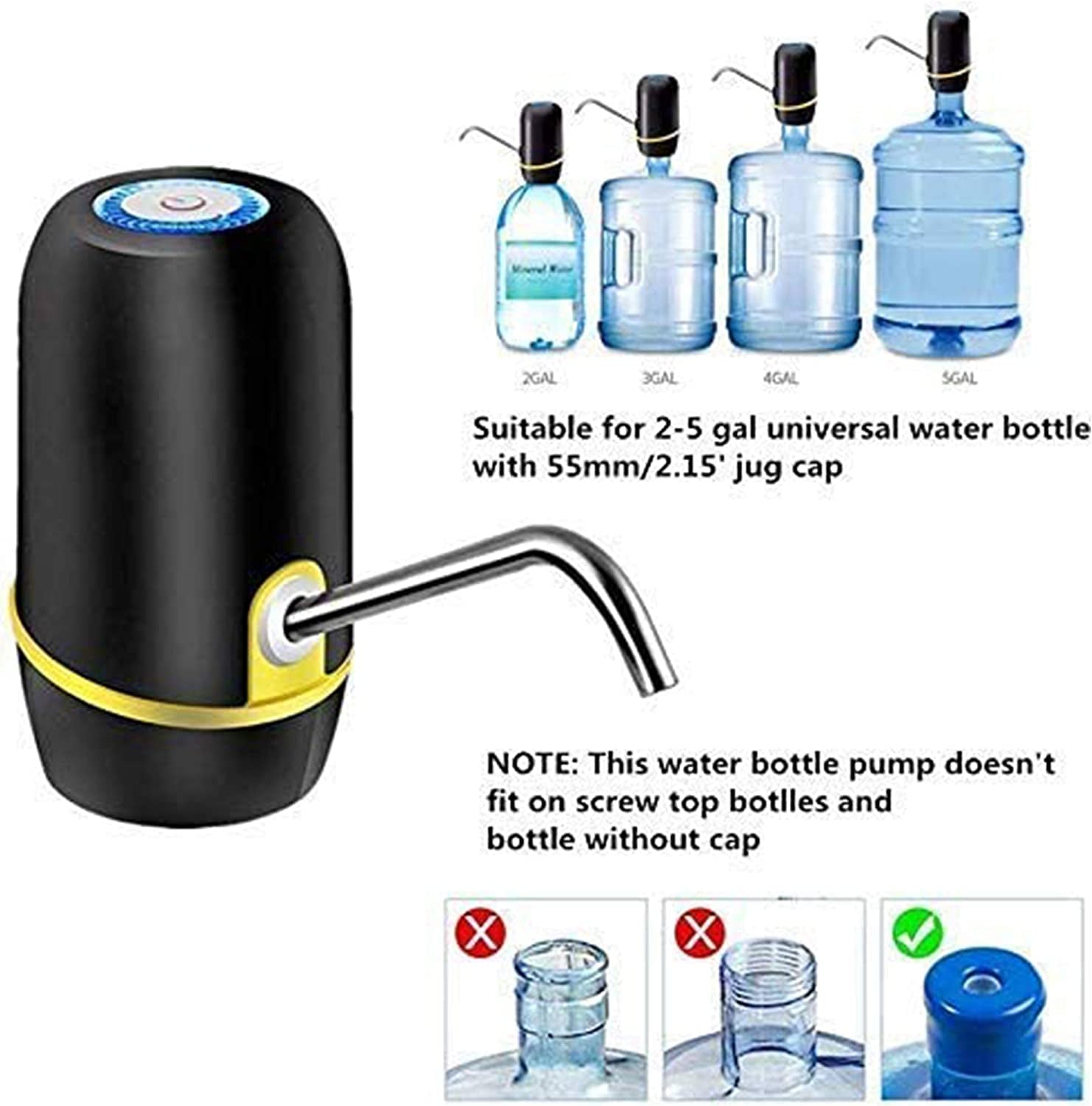 Water Jug Pump, Electric Water Bottle Pump, USB Charging Automatic Drinking Water Pump for Universal ３－5 Gallon Bottle, Portable Water Dispenser for Camping